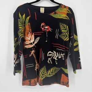 Jess & Jane Tropicana Graphic Top Medium Artsy Giraffe Flamingo Black